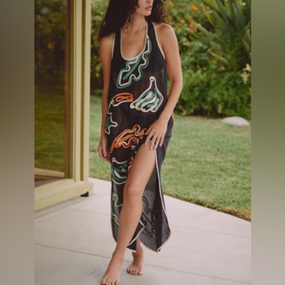 Black Printed Swim Coverup Dress with Green & Orange Accents-XL-NWT
